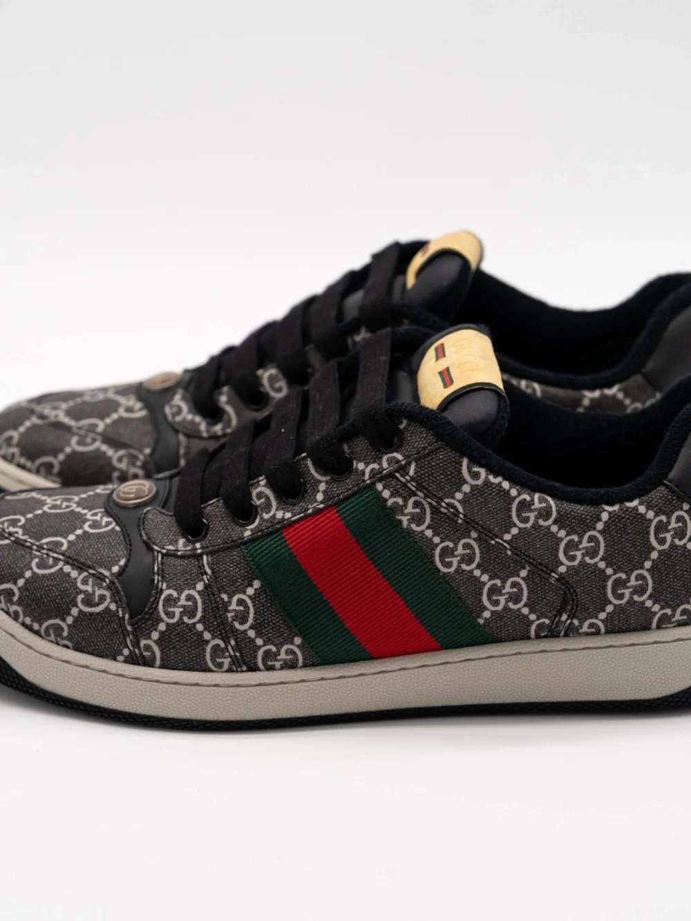 Gucci Men's Sneakers Screener Leather Black GG Supreme Web size 8.5G 9 US